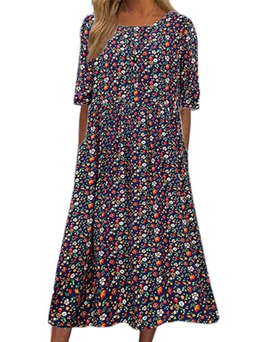 Women's Boho Floral Flowy A Line Midi Dress Casual Loose Summer Short Sleeve Beach Vacation Dresses with Pockets