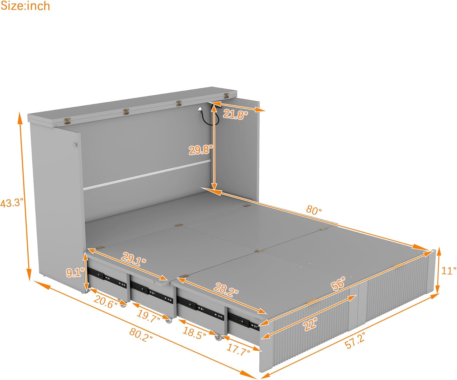 Full Size Murphy Bed Wall Bed with Storage Drawers, Foldable Platform Bed with A Set of Sockets, Cabinet Bed for Home Office or Small Room, Pulley Structure Design (Gray-Full Size-USB Ports)