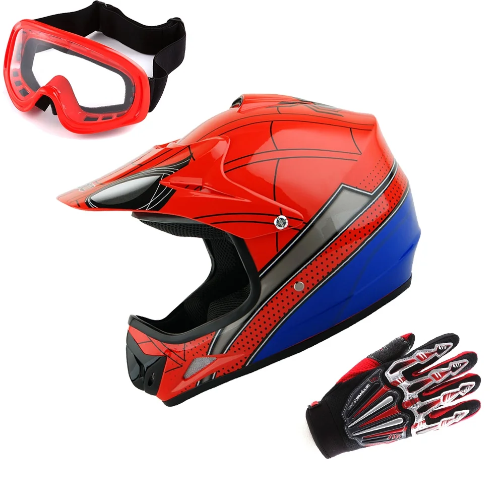 WOW Updated Youth Motocross Helmet Kids Motorcycle Bike Helmet HJOY Spider Red + Goggles + Skeleton Red Glove Bundle