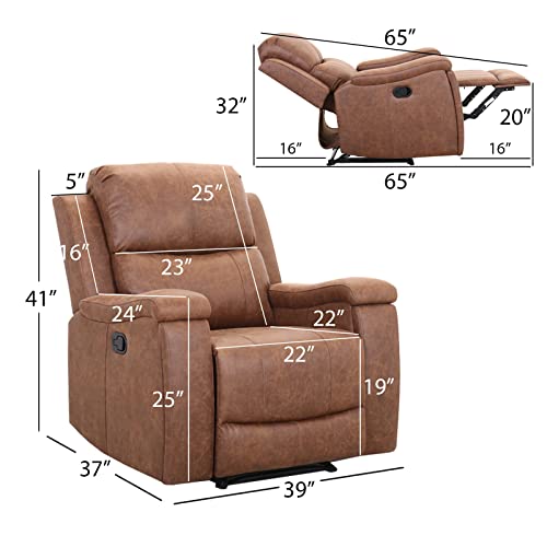 CANMOV Leather Recliner Chair, Classic and Traditional Manual Recliner Chair with Overstuffed Arms and Back, Manual Single Sofa with Concealed Cup Holders,Red Brown