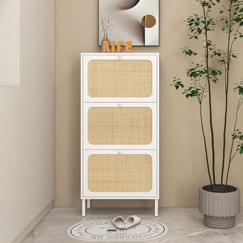 Natural Rattan Cabinet, Narrow Shoe Storage Cabinet with 3 Flip Drawers Hidden, Freestanding Entryway Storage Unit Console Table for Entryway Slim, Hallway,Natural