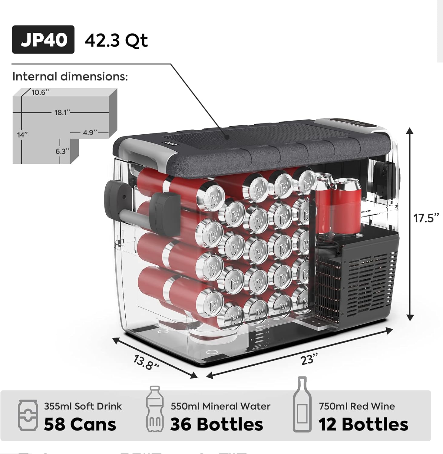 ICECO JP40 Portable Refrigerator Fridge Freezer, 12V Cooler Refrigerator, 40 Liters Compact Refrigerator with Secop Compressor, for Car & Home Use, 0℉～50℉, DC 12/24V, AC 110/240V