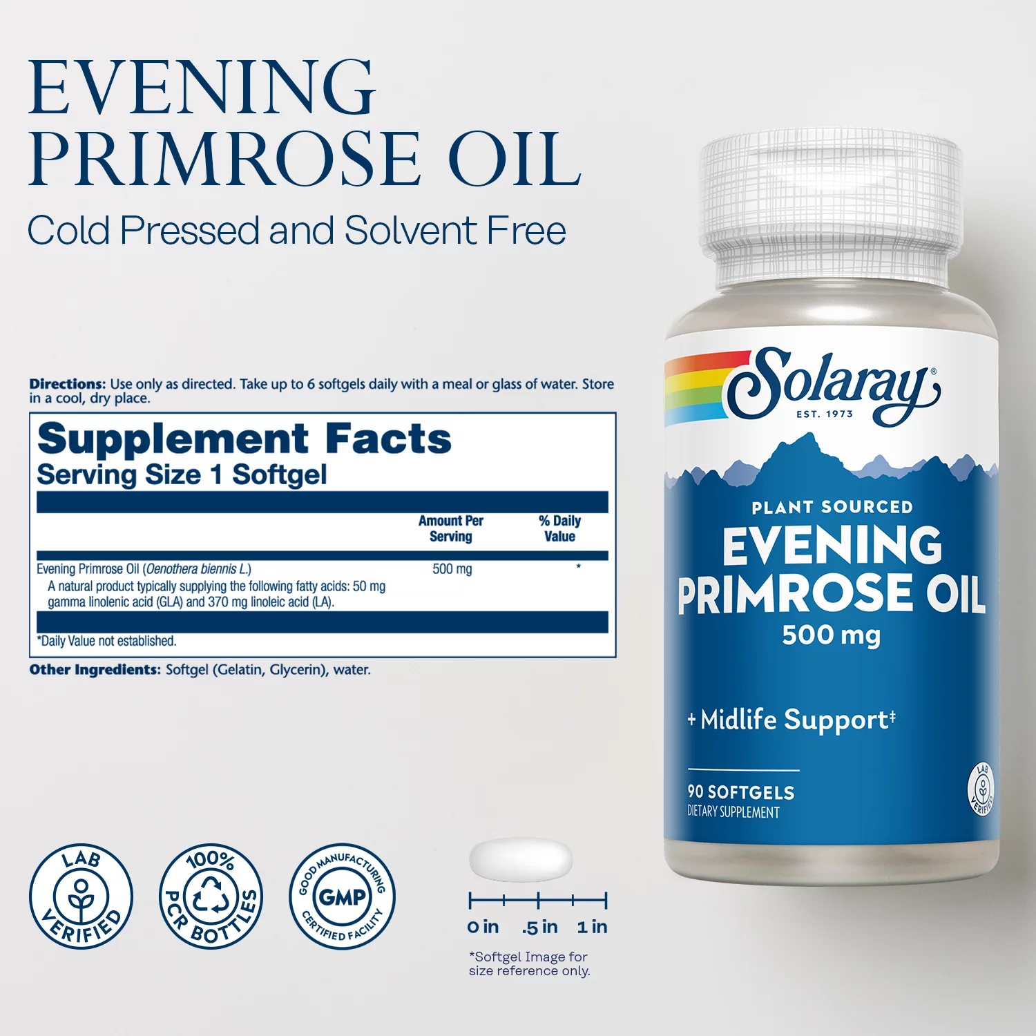 Solaray High Potency Evening Primrose Oil 500 mg | Cold Pressed | Womens Health Support | 90 Softgels