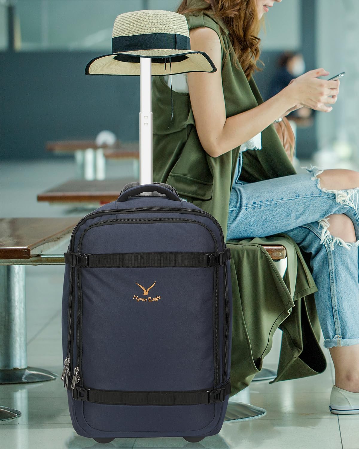 Hynes Eagle 42L Rolling Backpack Wheeled Backpack Flight Approved Travel Backpack Carry on Luggage Navy Blue with Grey