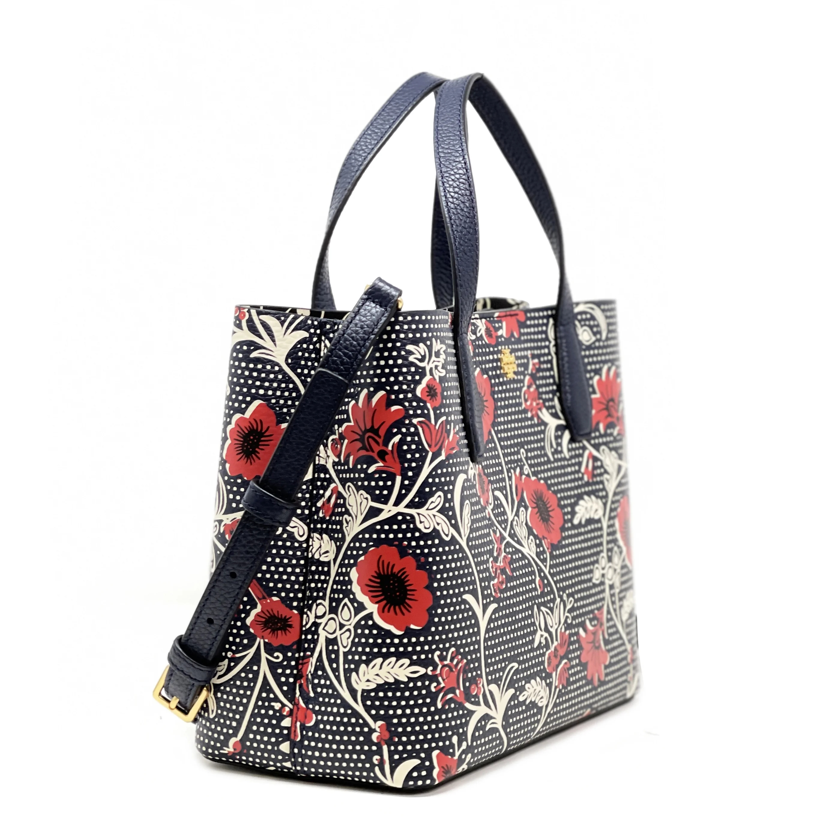Tory Burch Women's Blake Printed Pebbled Leather Small Tote (Navy Red)
