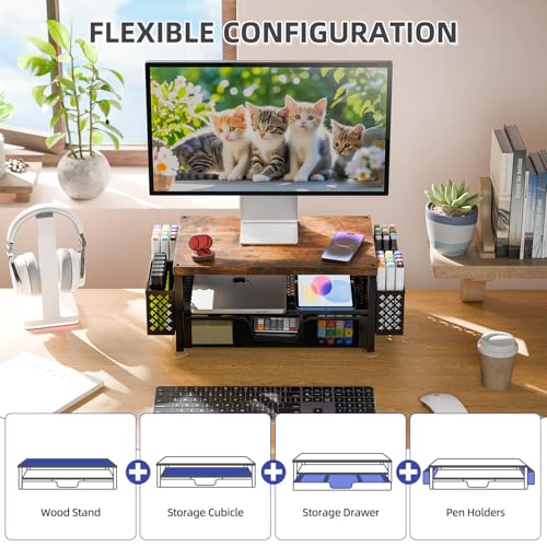 Simple Trending 2 Tier Metal Monitor Stand Monitor riser and Computer Desk Organizer with Drawer and Pen Holder for Laptop, Computer, iMac, Black