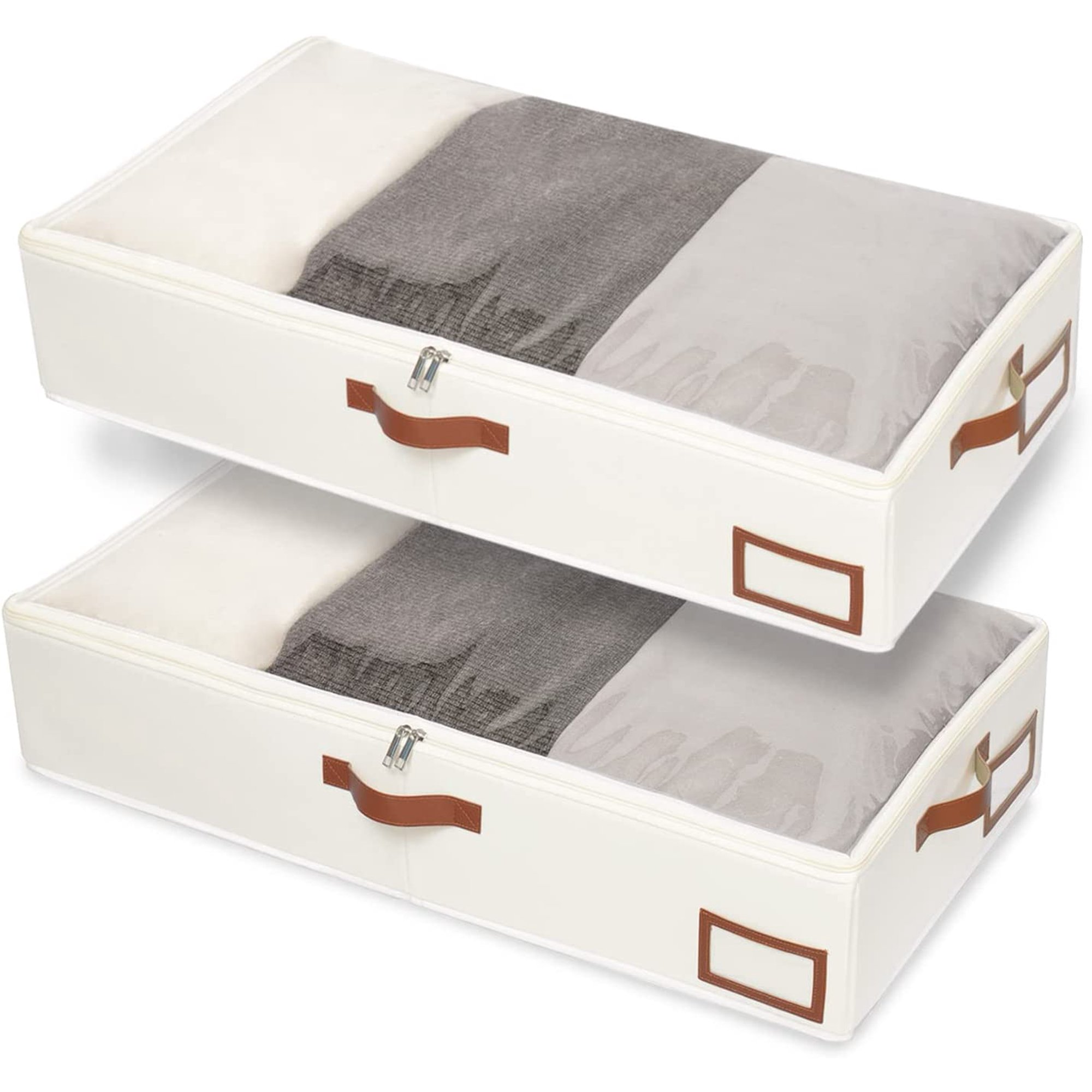 Under Bed Storage, 2 Pack Underbed Storage Box, Collapsible Storage Bag, with Sorting card slot and 4 Leather Handles, for Blanket, Bedding, 23.6''Lx11.8''Wx6''H, Beige