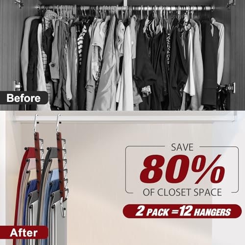 2 Pack Wooden Pants Hangers Space Saving, Pre-Assembled Pants Hangers Space Saver Multifunctional Pants Organizer Rack Hangers for Pants, Jeans, Scarf, Trousers, Skirts, Mahogany
