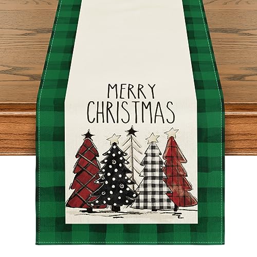 Artoid Mode Waterclor Buffalo Plaid Christmas Trees Merry Xmas Table Runner, Seasonal Winter Holiday Kitchen Dining Table Decoration for Indoor Outdoor Home Party Decor 13 x 108 Inch