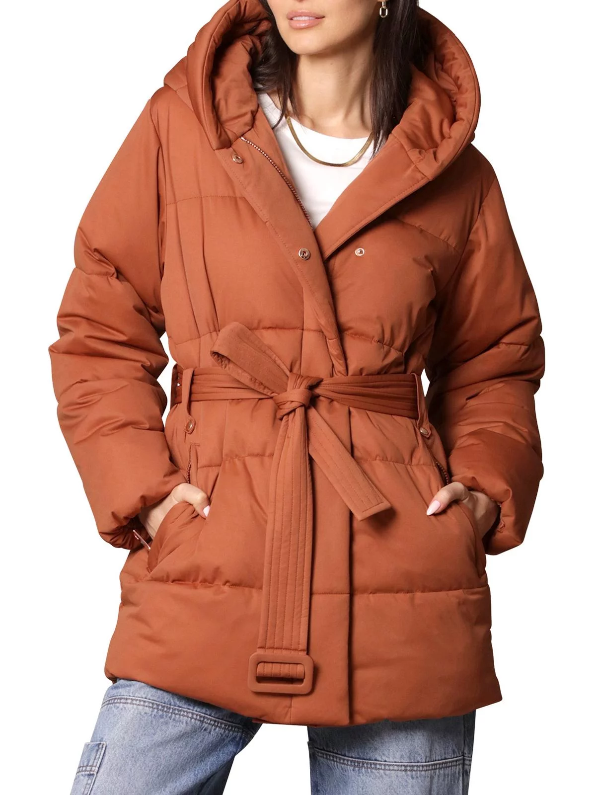 Avec Les Filles Women's Hooded Wrap Puffer Coat with Belt