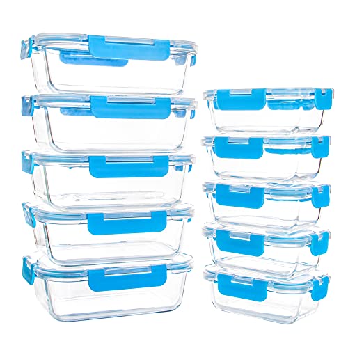 10 Pack Glass Food Storage Containers with Lids, Reusable Meal Prep Containers for Lunch, Airtight , Leak Proof, Microwave & Freezer Safe (34oz & 12oz)