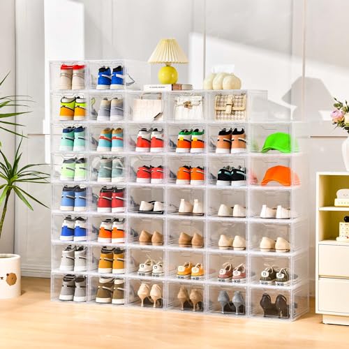 12 Pack Thicken & Sturdy Clear Shoe Storage Organizer with Magnetic Door, Shoe Boxes Clear Plastic Stackable for Closet, Shoe Rack for Sneaker Boot Container, Shoe Cabinet Fit up to US Size 12