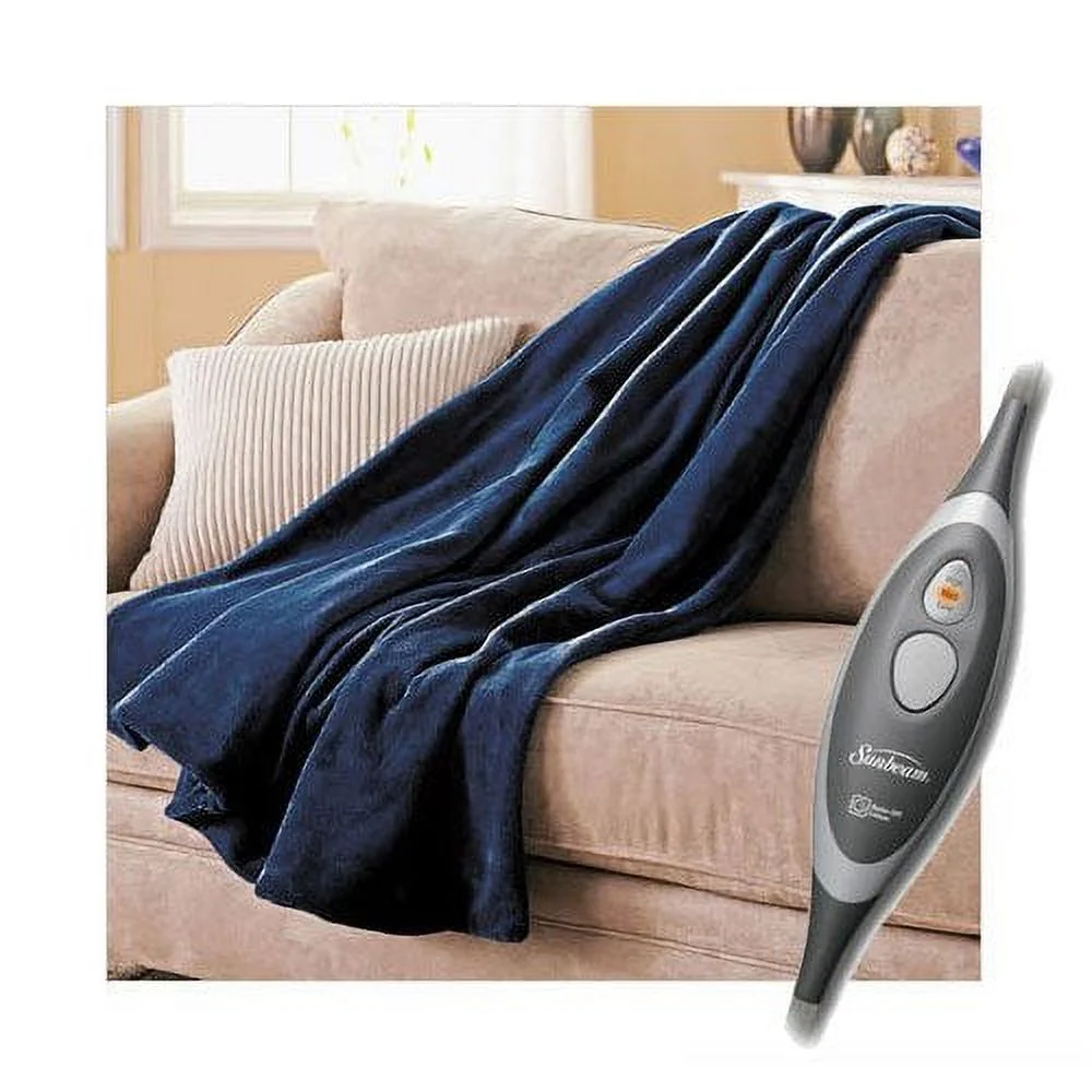 Sunbeam Slumber Rest Electric Heated MicroPlush Warming Throw Blanket Royal Blue