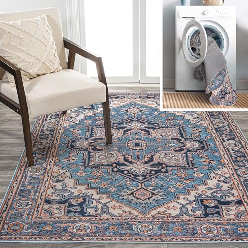 JONATHAN Y WSH105B-28 Cirali Ornate Large Medallion Machine Washable Indoor Bohemian Transitional Area Rug,High Traffic,Kitchen,Living Room,Backyard,Non Shedding,2 X 8,Blue/Beige