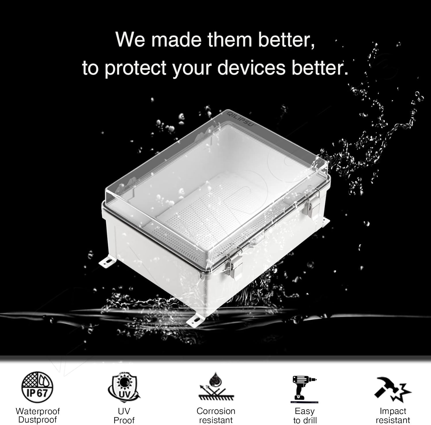 QILIPSU Clear Hinged Cover Stainless Steel Latch 370x270x150mm Junction Box with Mounting Plate, ABS Plastic DIY Electrical Project Case IP67 Waterproof Dustproof Enclosure Grey (14.6