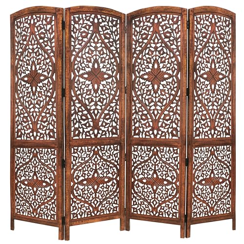 Room Divider Wood Screen - Ghanti Bells Antique Brown - 4 Panel Folding 72 x 80 - Assembled Hand Carved Decorative Functional Versatile Portable Partition Reversible Privacy Boho - COTTON CRAFT