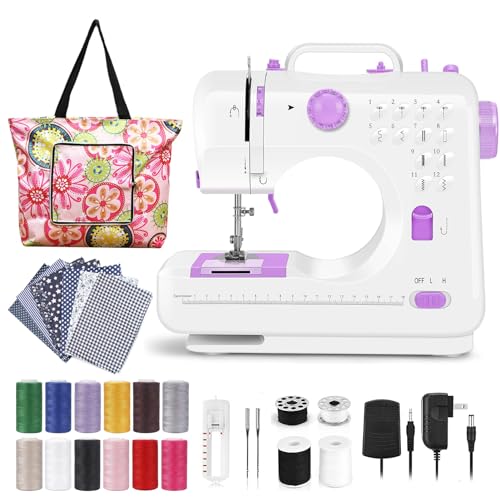 Sewing Machine for Beginners, Electric Mini Portable, 12 Built-in Stitches with Reverse Sewing, 2 Speeds Double Thread with Foot Pedal, Storage Bag, Cotton Fabric and Threads(Premium Set)