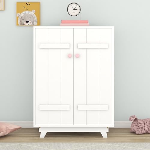 Merax Wooden Wardrobe Cabinet with Hanging Rod, Wood Closet for Bedroom Storage Armoires with Doors, White