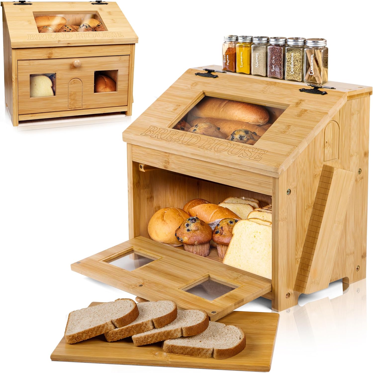 Bread Box for Kitchen Countertop – Large Wooden Bamboo Bread Box with Cutting Board (SELF-ASSEMBLY)