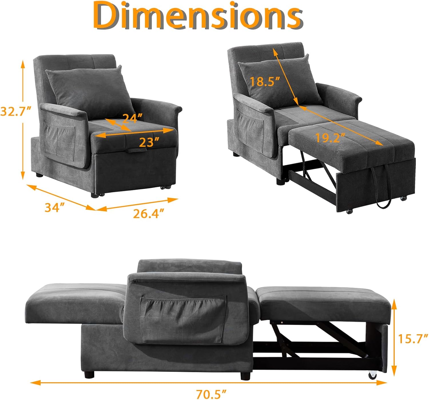 BINGTOO Bed Chair, 3 in 1 Lounge Chair,Multi-Function Folding Sofa Bed, Ottoman Bed Sleeper, Pull Out Sofa Chair, Pull Out Sofa Chair, Convertible Chair to Bed, Pull Out Bed Couch for Small Space