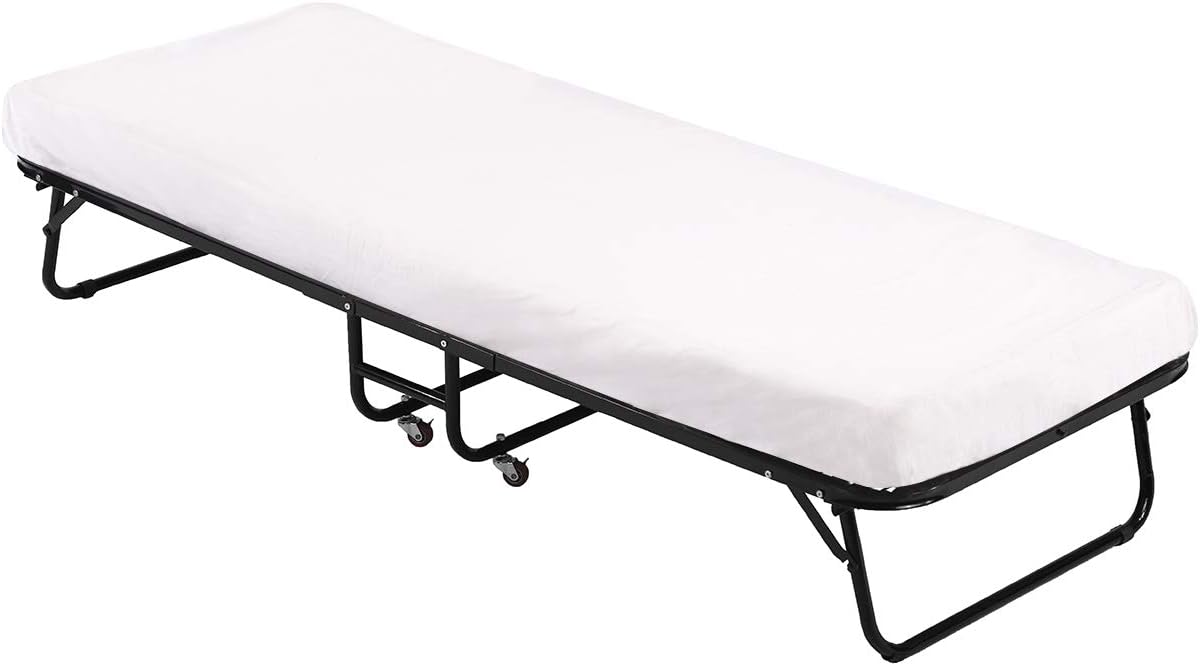 Folding Guest Bed with Wheels Portable Camping Cot Guest Beds Portable Beds Extra Roll Away Foldaway 3.9 Inch Comfort Foam Mattress Strong Sturdy Frame Heavy Duty L75W30H12 Inches，White