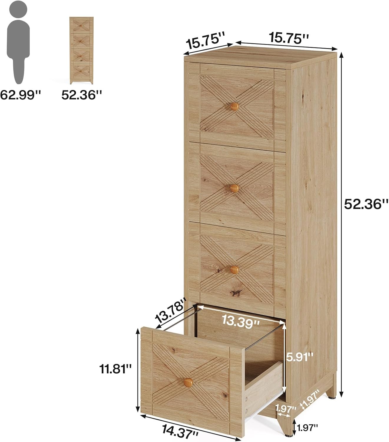 Tribesigns 4-Drawer File Cabinet, Vertical File Cabinets Office Filing Cabinet for Letter Size, Wood Storage Cabinet Printer Stand for Home Office, Living Room, Natural