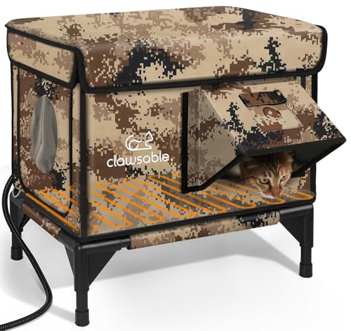 Indestructible Heated Cat House for Outside Winter, 100% Waterproof, Safe Escape Door, Insulated Outdoor Cat Shelter with Heater for Feral Barn Cat Kitty (Forest Green, 26