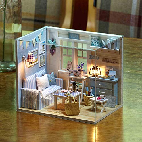 TuKIIE DIY Miniature Dollhouse Kit with Furniture, 1:24 Scale Creative Room Mini Wooden Doll House Accessories Plus Dust Proof for Kids Teens Adults(Enjoy The Life)
