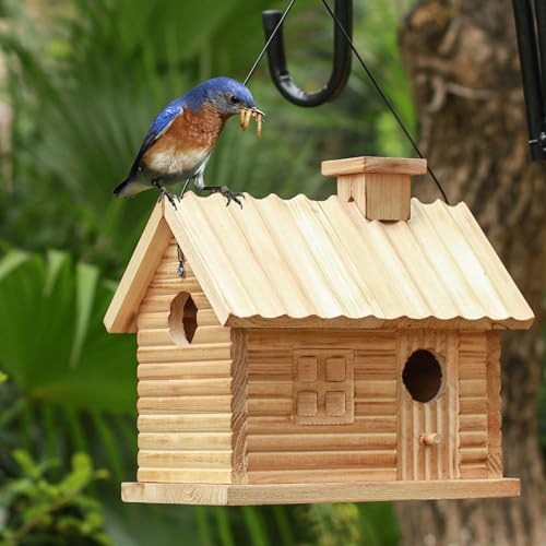 STARSWR Bird House Outside,Outdoor Bird Houses, Natural Wooden Bird Hut Clearance 2 Hole Bluebird Finch Cardinals 2 Rooms Hanging Birdhouse for Garden Viewing