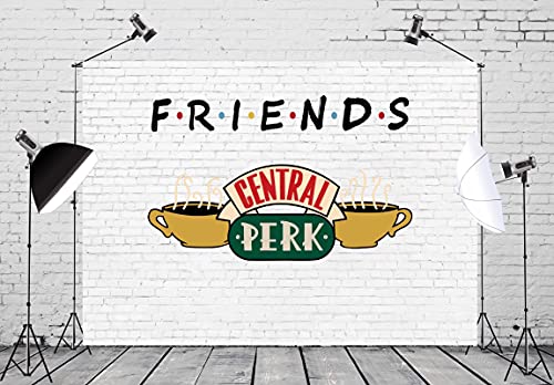 5x3ft Fabric Friends Backdrop Retro Brick Wall Pictures Sofa Background Tapestry 30th Birthday Party Poster Coffee Themed Party Banner Central Perk Party Supplies Bachelorette TV Show Decor