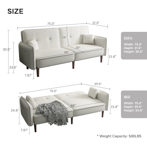 Modern Upholstered Convertible Futon Sofa Bed with Storage Pockets and 2 Pillows, Foldable Sleeper Sofa Armrest Couch w/6 Solid Wood Legs for Living Room Apartment (Pink)