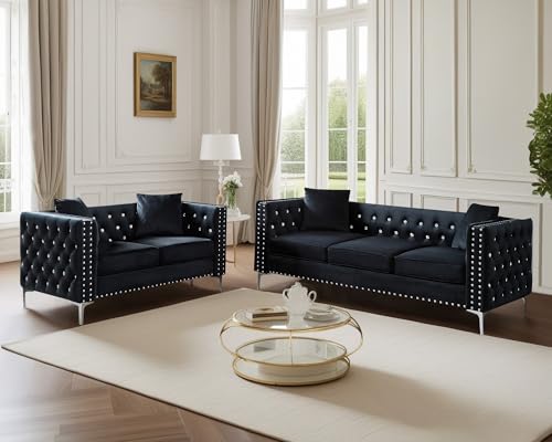 Antetek Velvet Sofa Set for Living Room, Modern Upholstered Loveseat and 3 Seater Cloud Sofa Couches w/Crystal Buttons/Pillows for Living Room, Apartment, Office, Furniture Sets, Blue(2 Pieces)