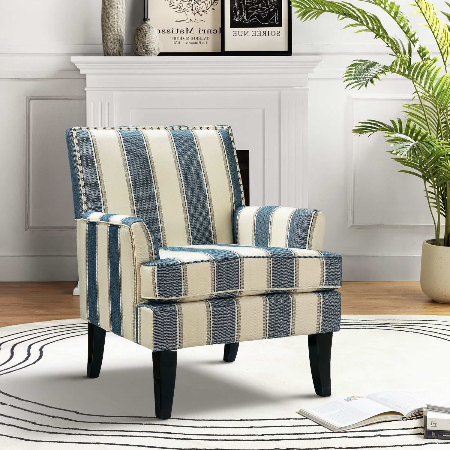Upholstered Accent Chair, Tina's Home Armchair Nailhead Trim Wood Leg Adult Living Room Stripe Navy