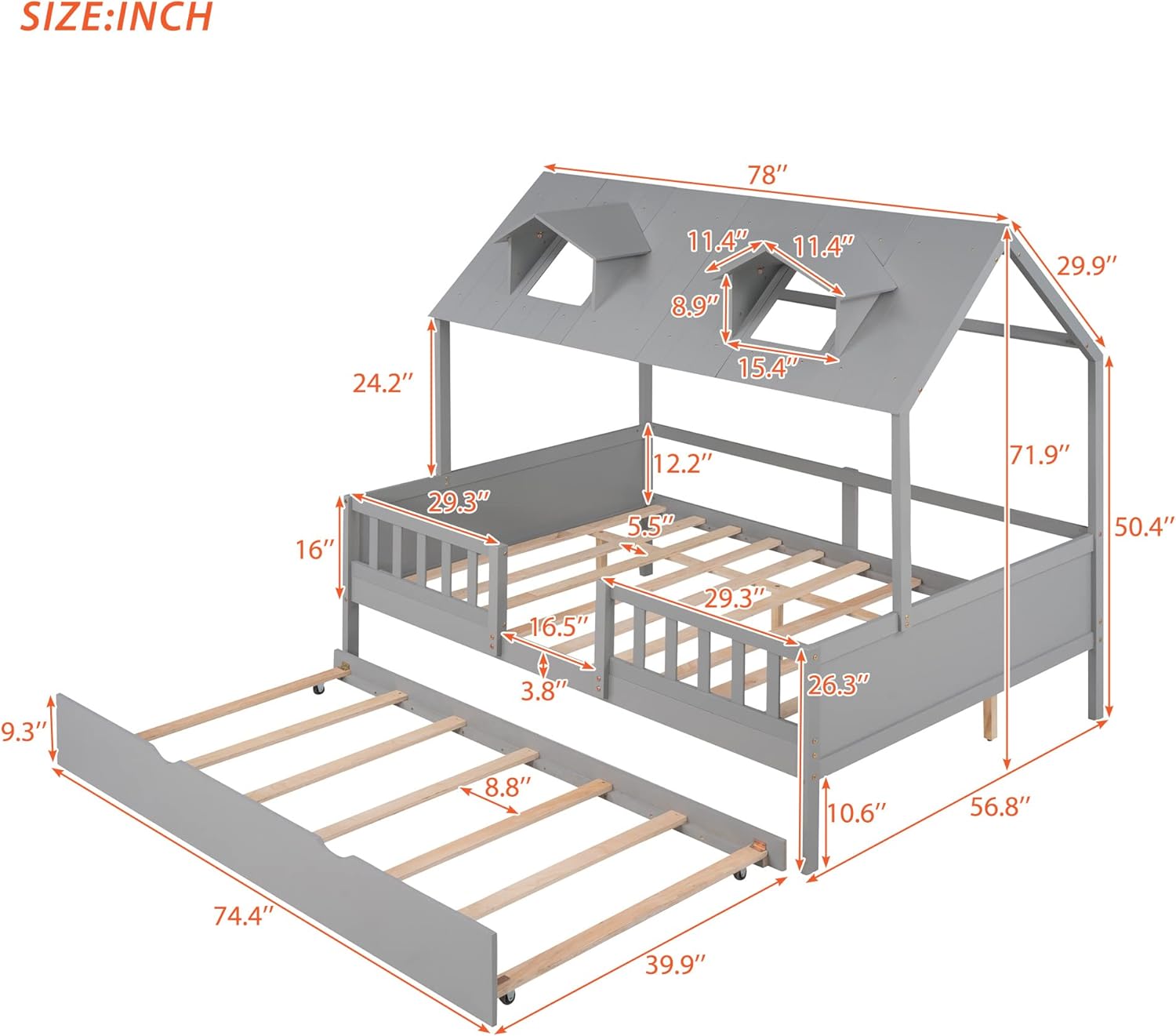 Petfu Double Bed Wood/Twin Bed, Ground Deck Bed/Cottage/Sofa Bed/Folding Roller Bed with Double Bed Castor, Double Bed Frame, with Safety Bar, for Children/Teenagers (Grey)