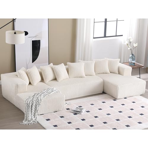 131'' Modular Sectional Couch, U-shaped Sofa, Chaise Lounge, Striped Corduroy Fabric,Upholstered 4 Seater Couch for Living Room, Bedroom, Free Combination Sofa (White)