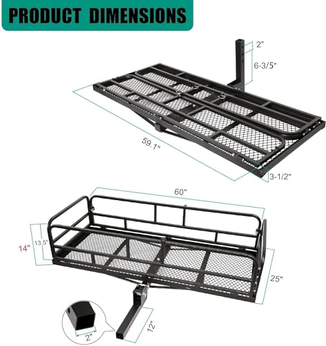 Trailer Hitch Cargo Rack, 60 x 24 x 14 Inch Folding Hitch Mount Cargo Carrier with High Side Rails for RV Truck SUV Van, 500 lbs. Capacity, 2