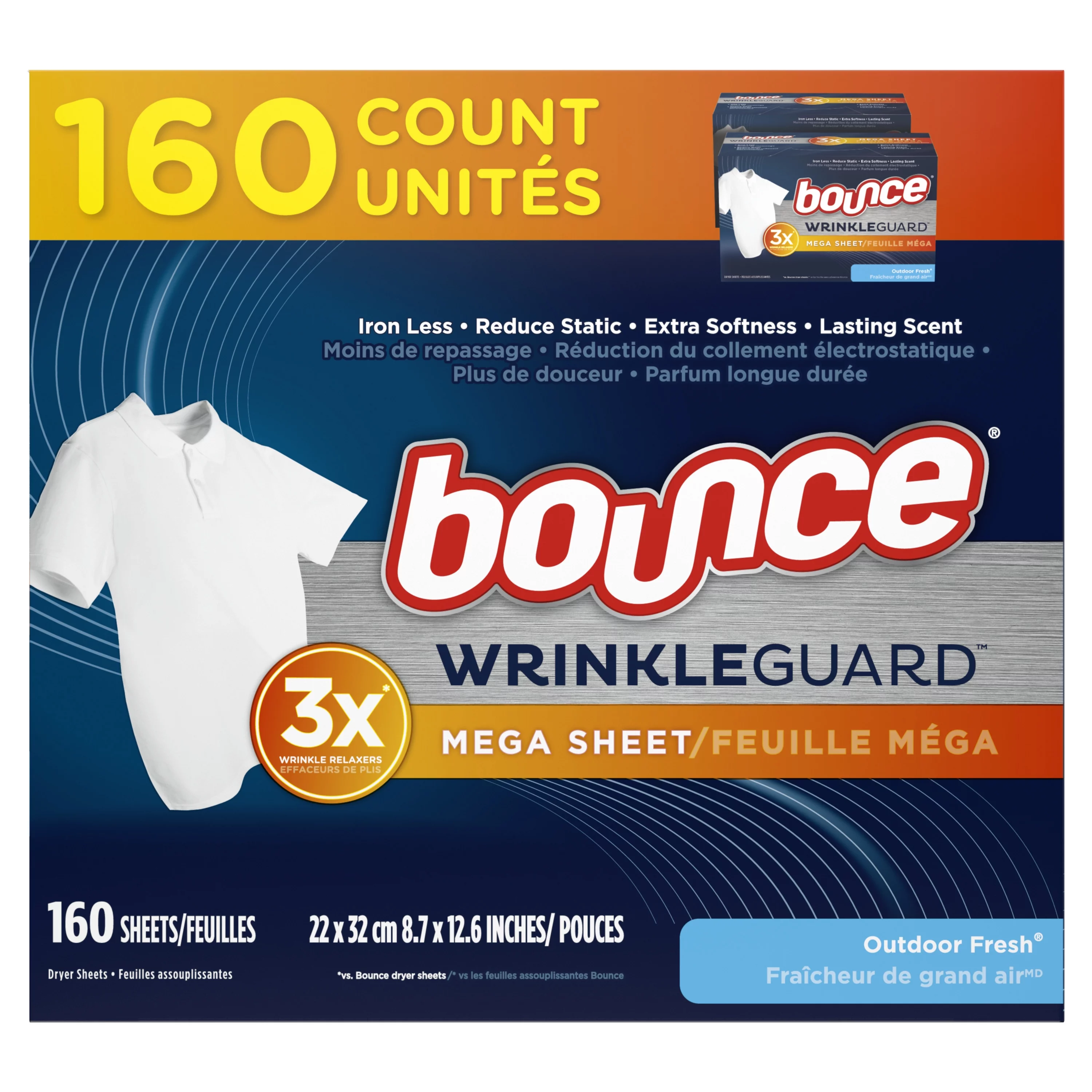 Bounce Wrinkle Guard Mega Dryer Sheets, Outdoor Fresh Scent, 160 Count