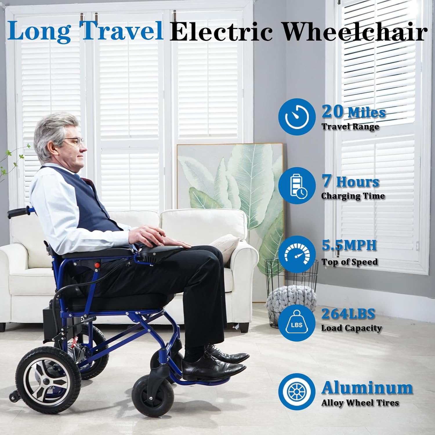 20Mi Electric Wheelchair for Adults with LED Light, Foldable Motorized Wheelchairs Power Wheelchair