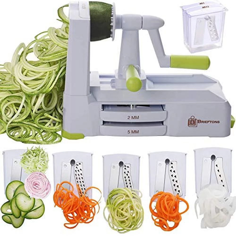 Brieftons 5-Blade Vegetable Spiralizer: Strongest-Heaviest Spiral Slicer, Best Veggie Pasta Spaghetti Maker for Low Carb/Paleo/Gluten-Free/Vegan Meals, With Extra Blade Caddy, 4 Recipe Ebooks White ( 5 Blades )