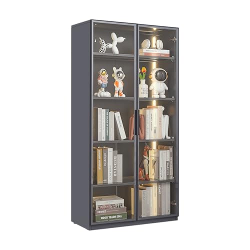 Display Cabinet with Light Strips, 5 Shelves Metal Storage Cabinet with Glass Door, Floor Standing Tall Bookcase Clear Glass Curio Cabinet Collection for Living Room Bedroom (Double Door)