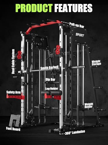 Smith Machine for Home Gym, 2200LBS Heavy Duty Power Cage with Dual Pulley System, All-in-One Cable Crossover Machine for Home Gym with Weight Storage & Multi-Functional Training Stations