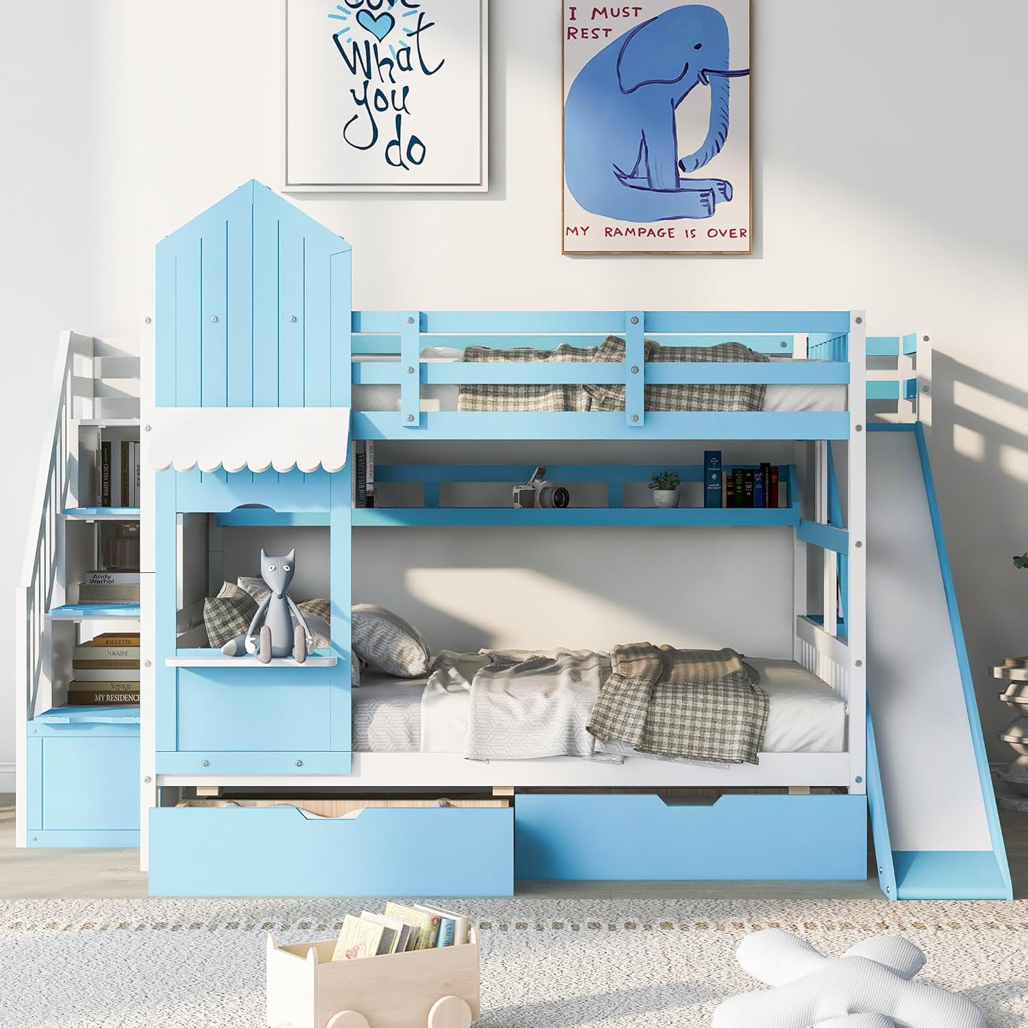 Harper & Bright Designs Full Over Full Bunk Bed with Stairs and Slide, Solid Wood Bunk Bed Frame with Storage Drawers and Bookshelf, for Kids Teens Girls Boys (Blue)