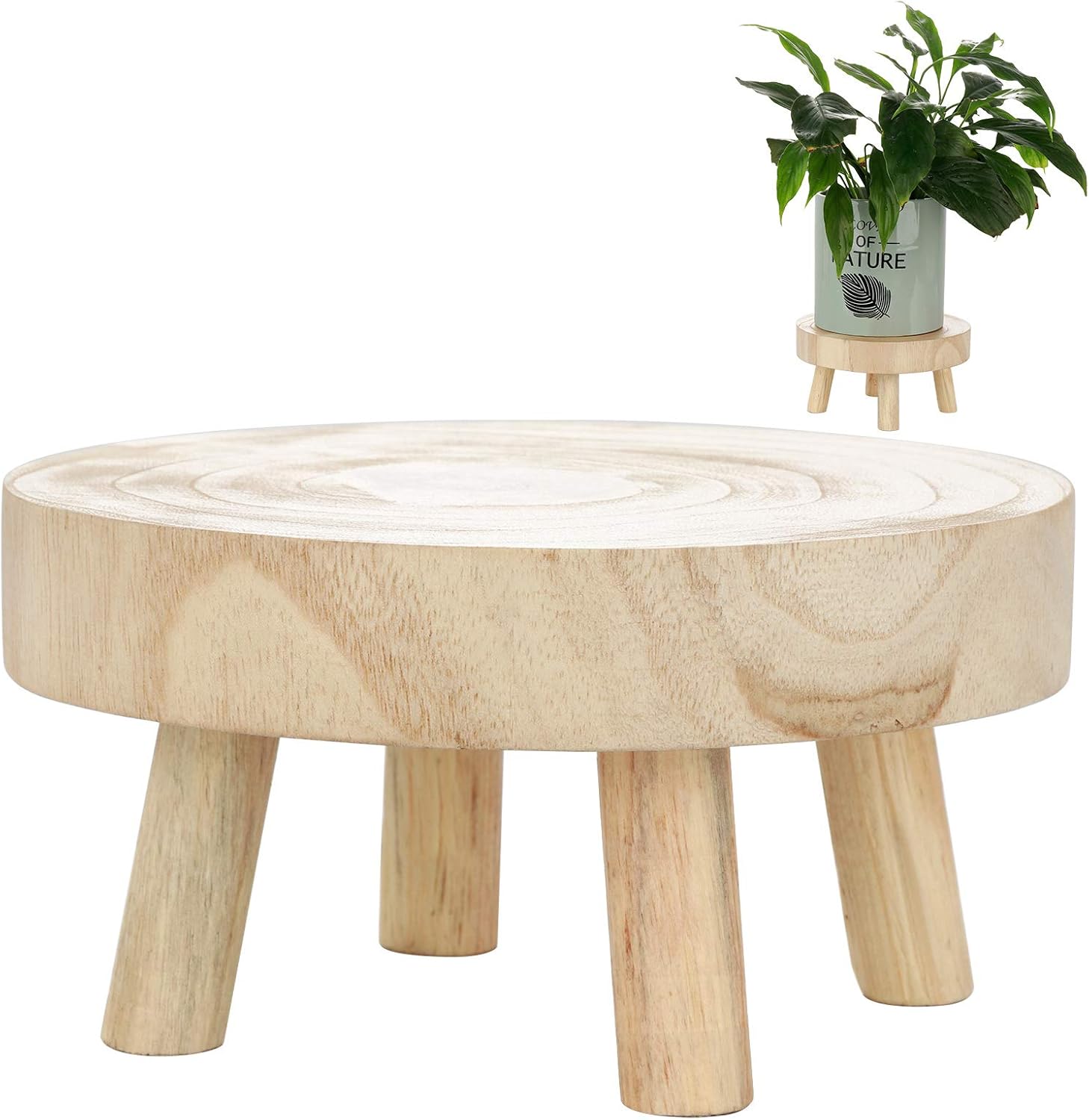 Mini Round Wooden Stool, Wooden Plant Stand Mid Century Wood Flower Pot Holder for Outdoor Indoor Home Office Decorations, Warm Brown, M