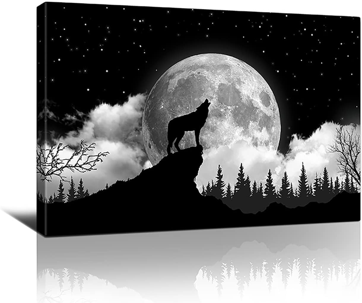 Wolf Canvas Print Wall Art Moon And Howling Wolf Painting Wall Decor Modern Artwork Framed Ready To Hang For Office Living Room Bedroom Kitchen Home Decorations 16x24 Inch