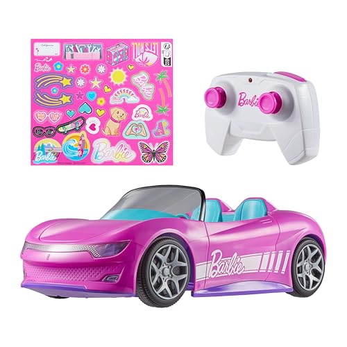 Hot Wheels Barbie RC Toy Car, Remote-Control Pink Convertible, Can Hold 2 Barbie Fashion Dolls & Trunk Opens for Storage, Sticker Sheet for Customizing