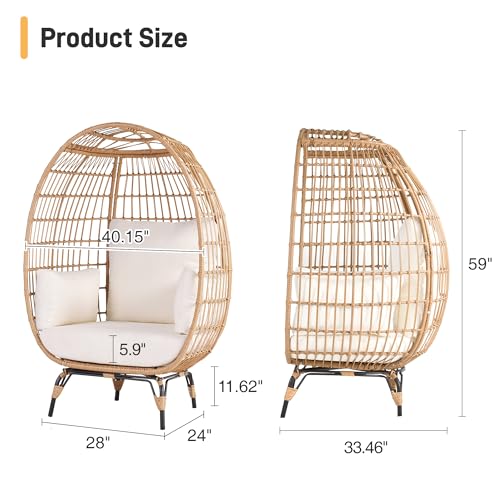 Outdoor Egg Chair, Patio Chairs with 4 Thicken Cushions, Oversized Lounge Chairs with Durable Steel Frame, PE Wicker Chair 440 lbs Capacity, Perfect for Balcony, Backyard, Bedroom-Ivory