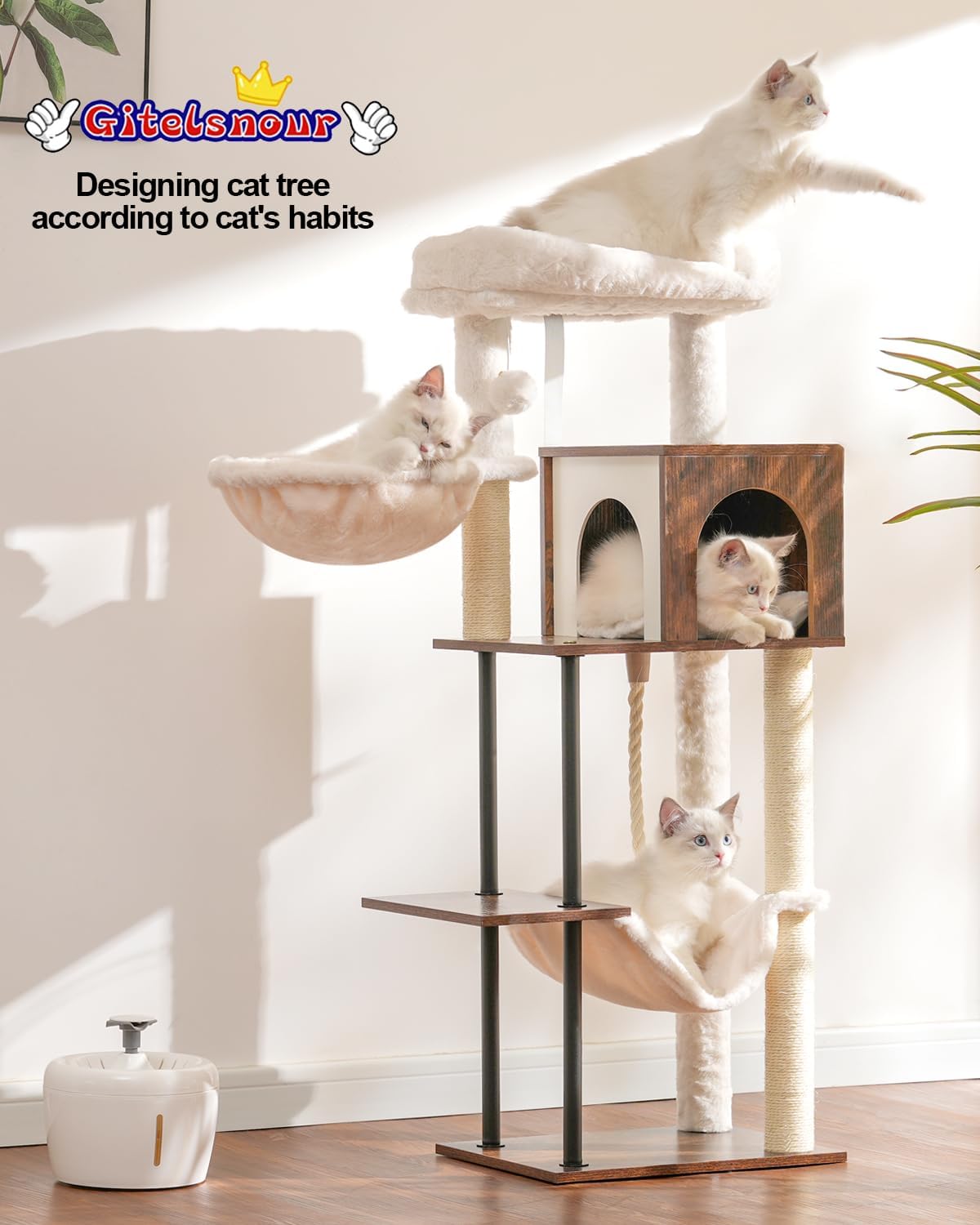 Cat Tree with Iron Legs(Sturdy and Robust), 43.3in Wood Cat Tower, cat Basket and Hammock, Modern cat condo for Indoor Cats, Hanging sisal Rope, cat Scratching Post, Rustic Brown GCT100SR