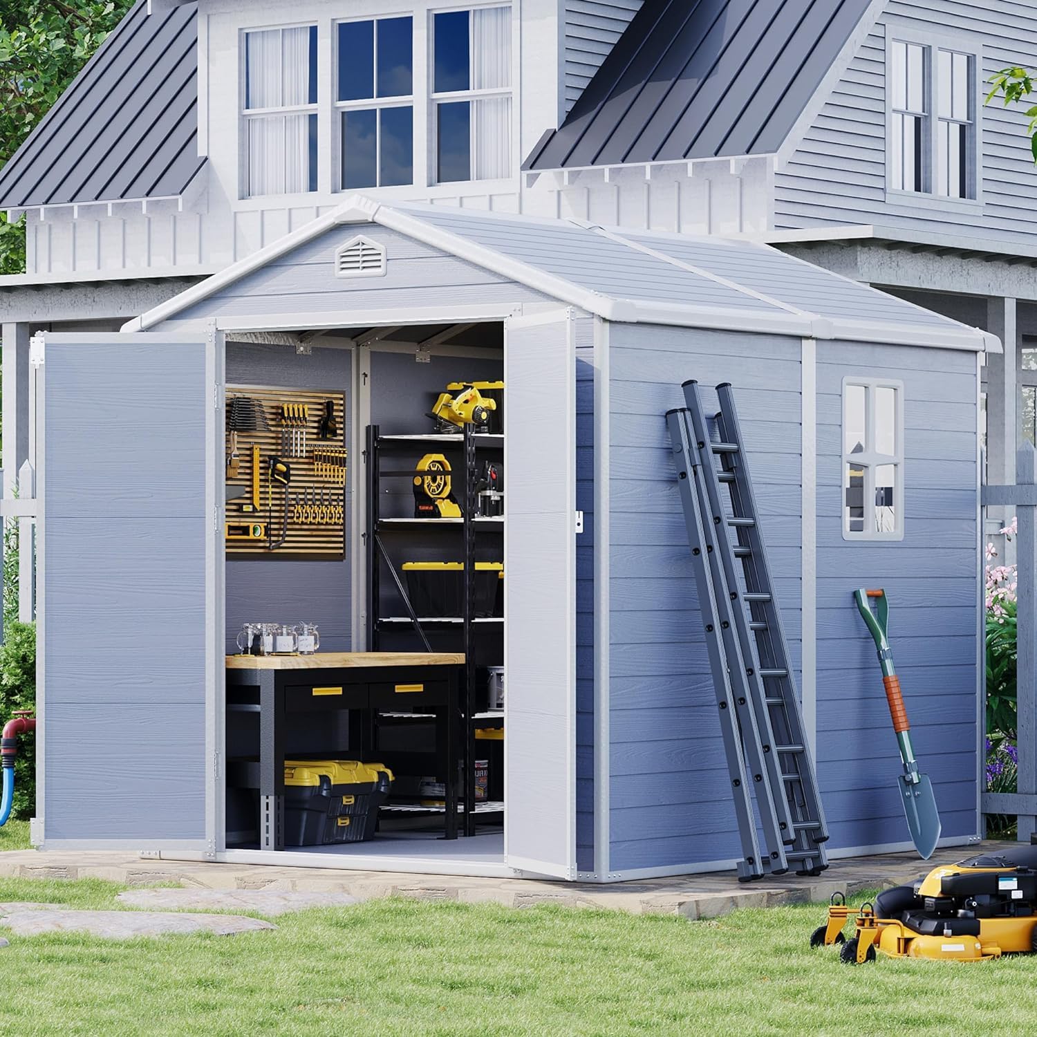 Aoxun 6'x8' Resin Outdoor Storage Shed Utility Tool Shed Storage House, Multi-Purpose Utility Tool House for Backyard, Patio Furniture, and Bikes - Gray