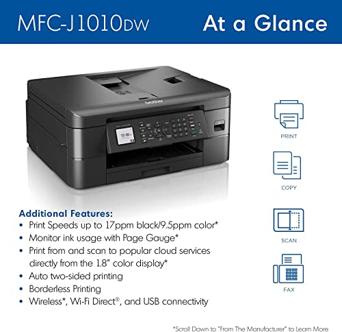 Brother MFC-J1010DW Wireless Color Inkjet All-in-One Printer, Duplex Printing, Mobile & Cloud Print, Compact Design, 1.8
