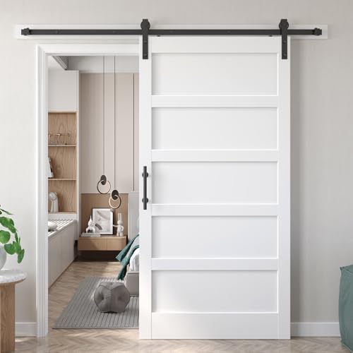 Fredbeck Double 21inx84in White Barn Door and 7FT Sliding Barn Door Hardware Kit Included,Solid,MDF, PVC Surface,DIY Assembly,5-Panel,Fit 38in-41in Opening